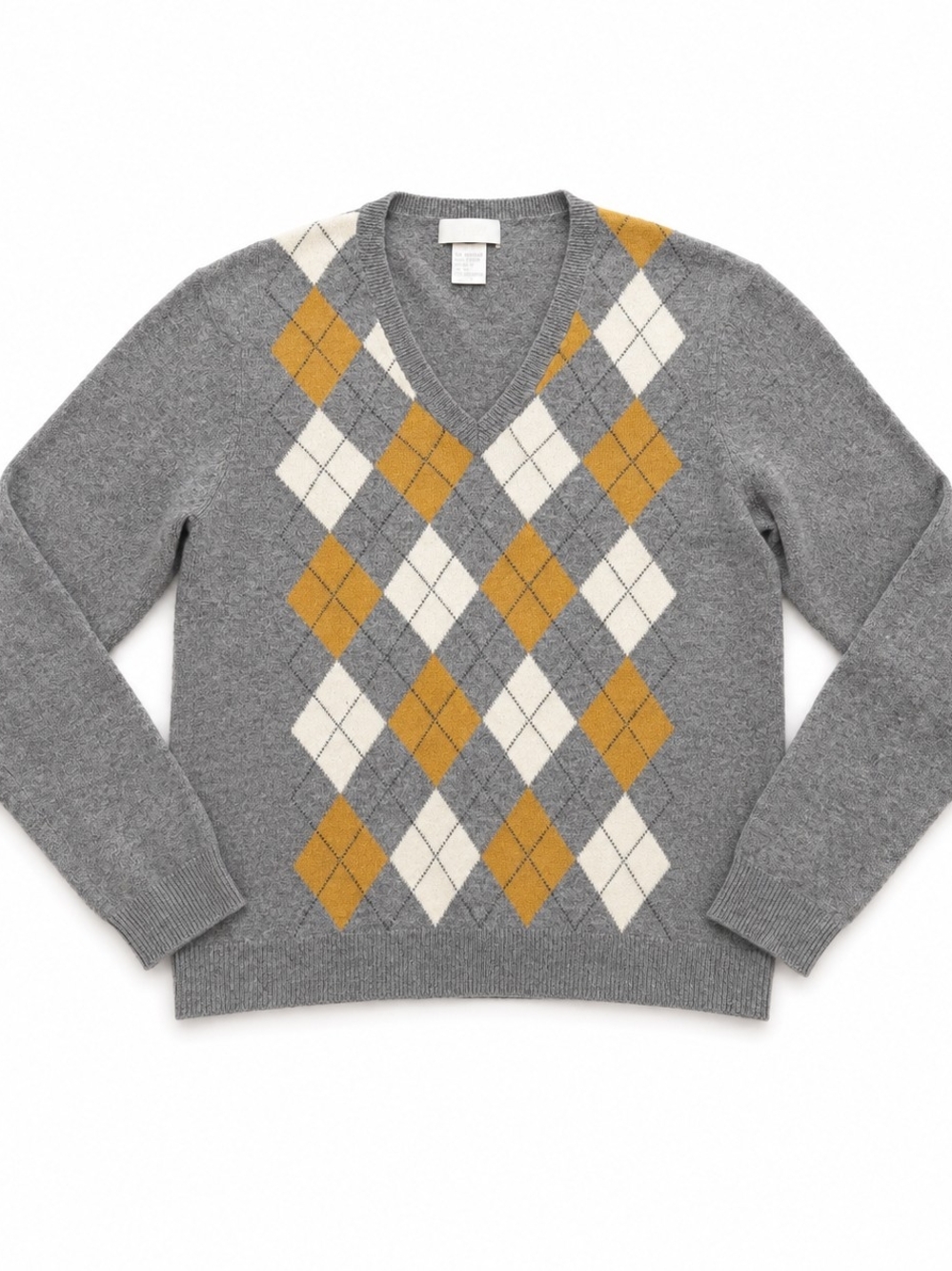 100% Cashmere Gray Argyle V-Neck Sweater Soft Luxury Knit Size XL